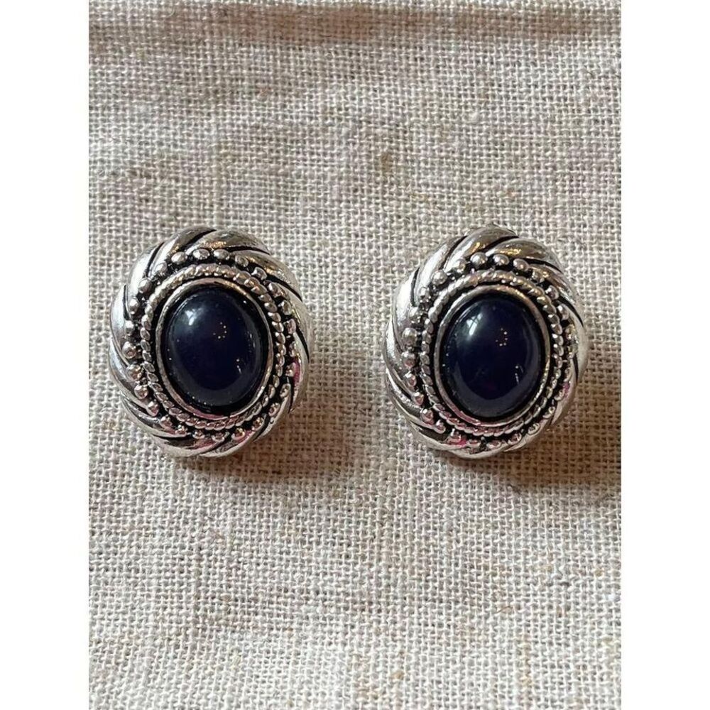 Vintage Style Navy Blue Cabochon‎ Earrings Silver Tone Oval Stud Jewelry